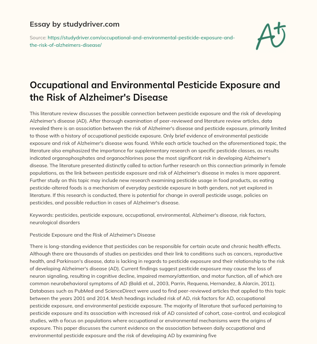 Occupational and Environmental Pesticide Exposure and the Risk of Alzheimer’s Disease essay