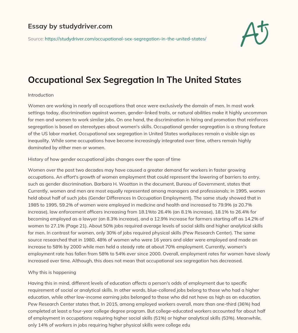 Occupational Sex Segregation in the United States essay