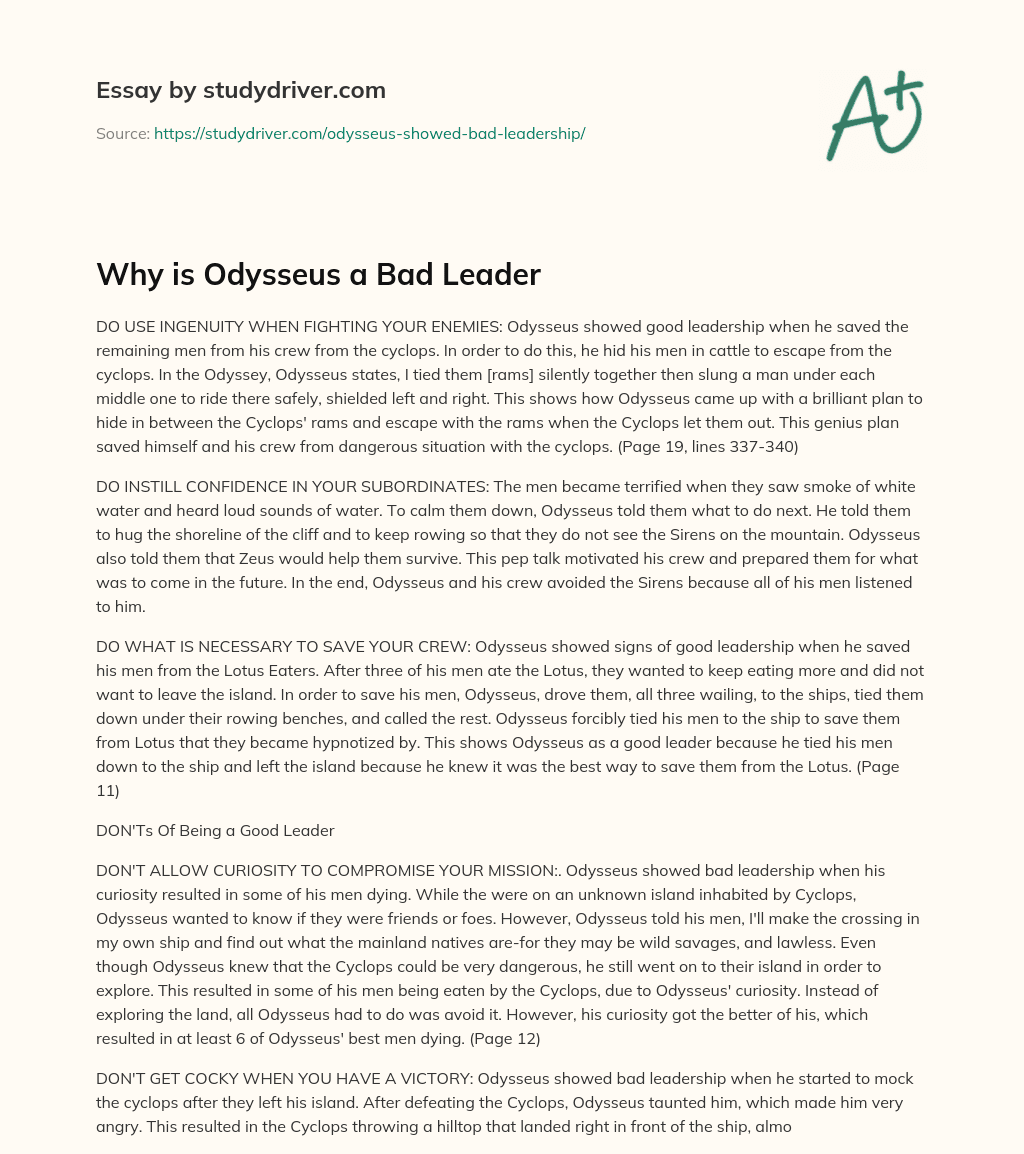 Why is Odysseus a Bad Leader essay