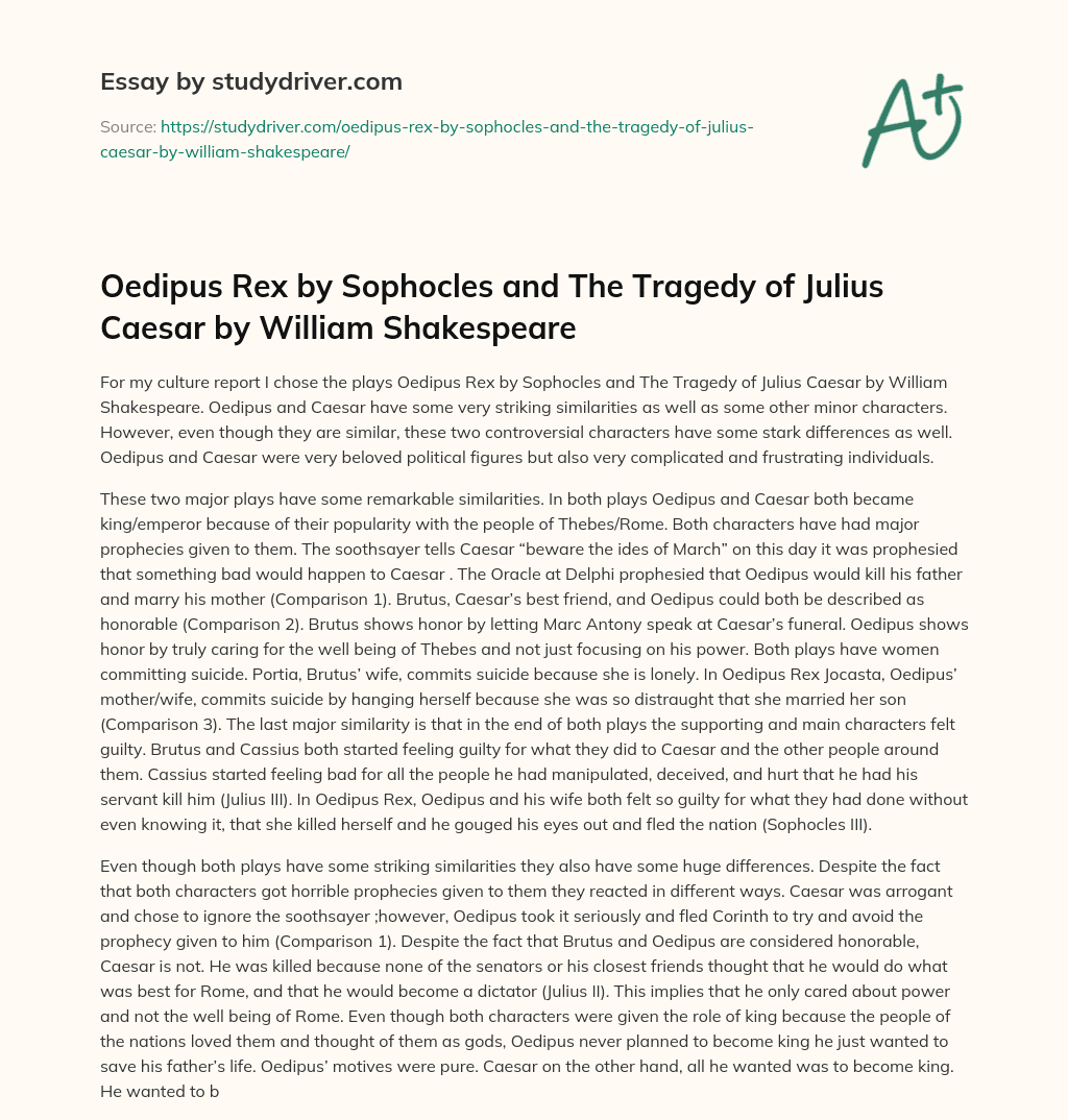 Oedipus Rex by Sophocles and the Tragedy of Julius Caesar by William Shakespeare essay