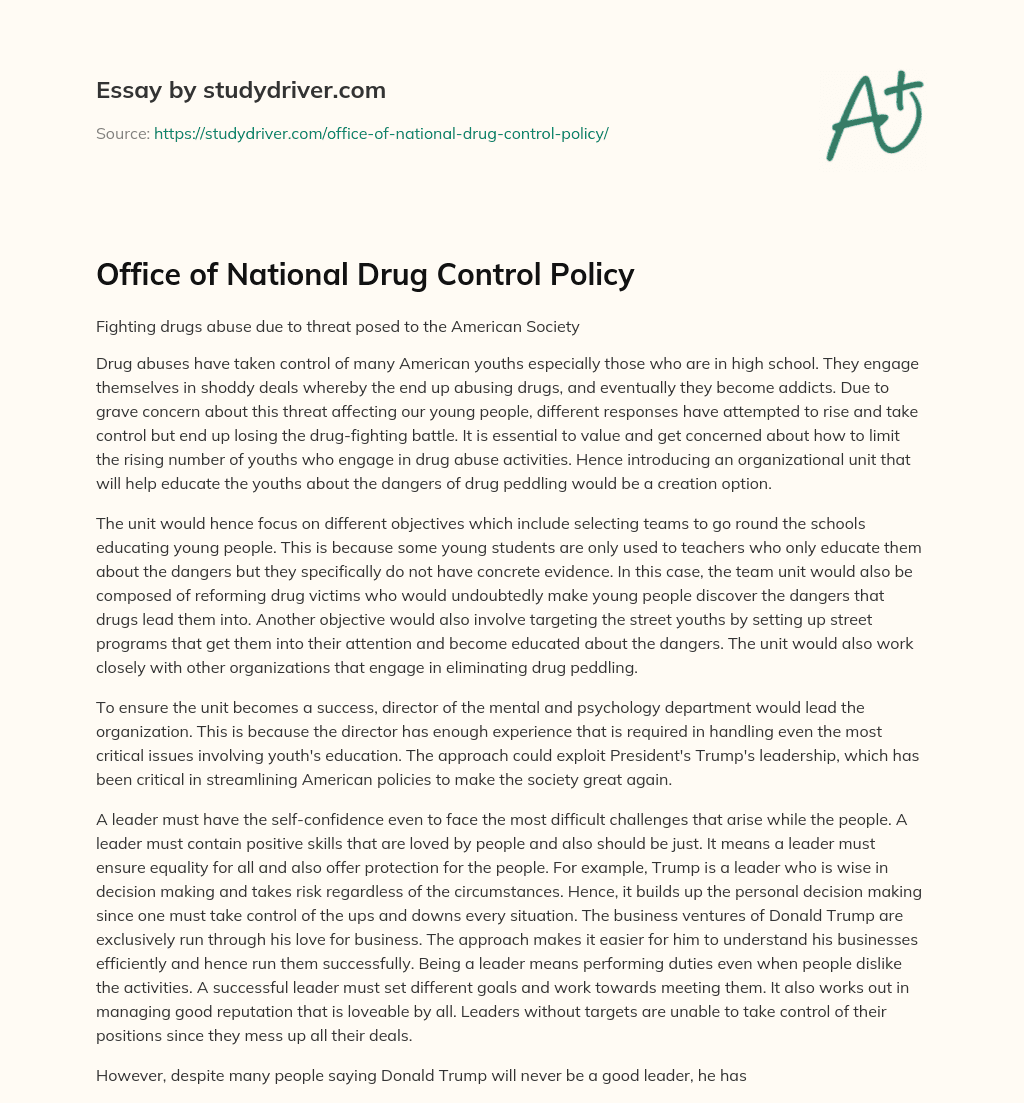 Office of National Drug Control Policy essay