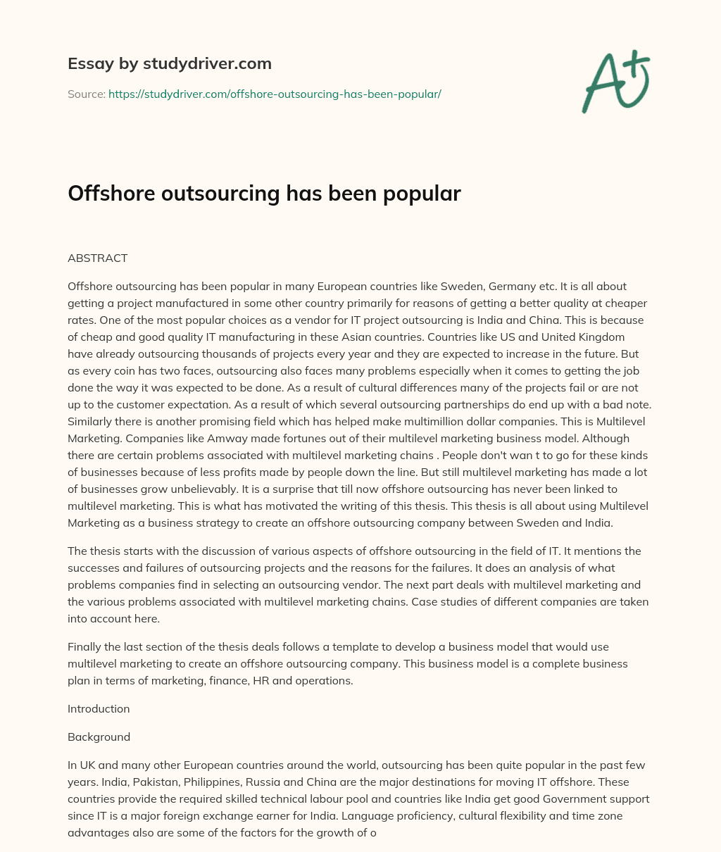 Offshore Outsourcing has been Popular essay