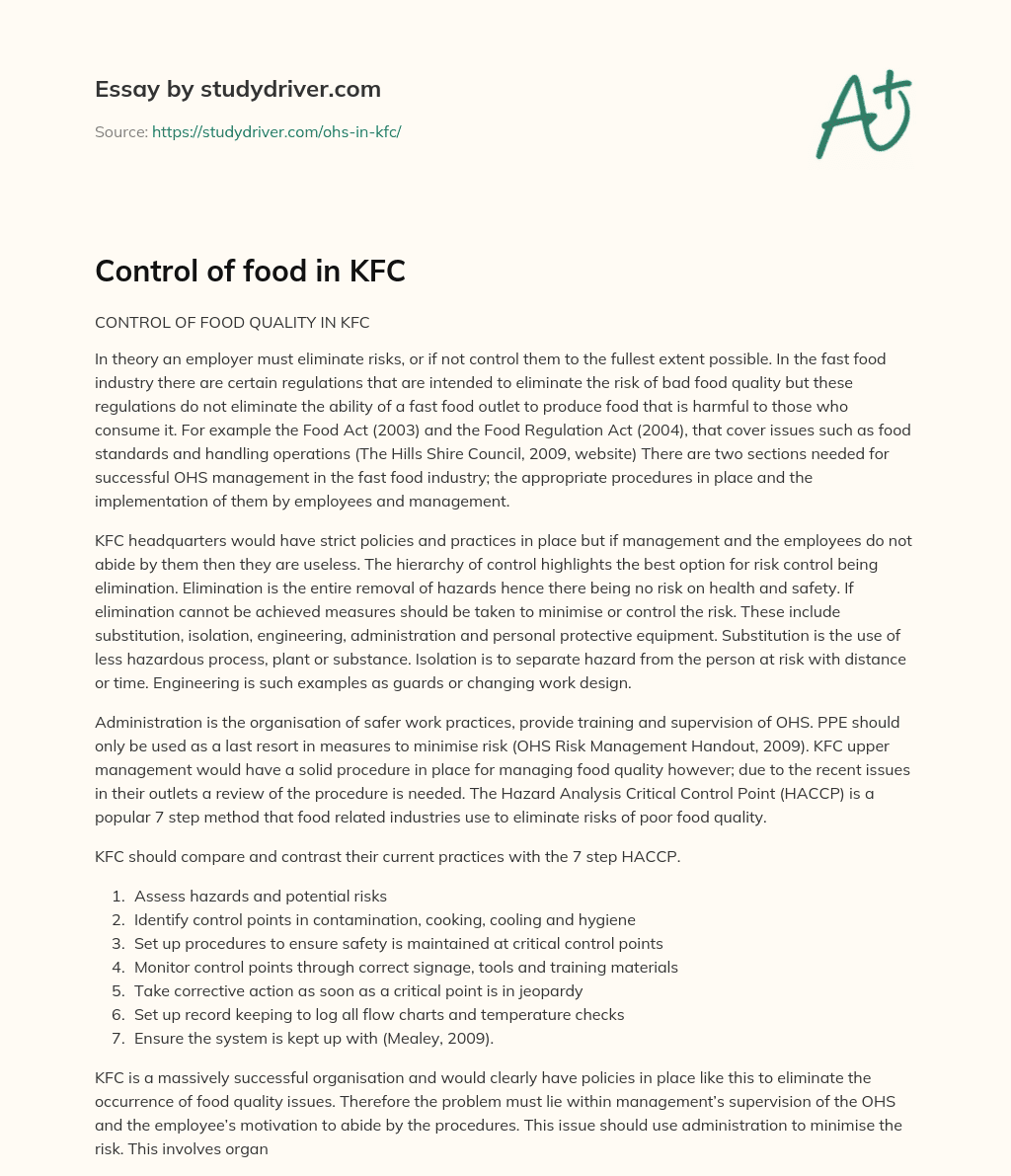 Control of Food in KFC essay