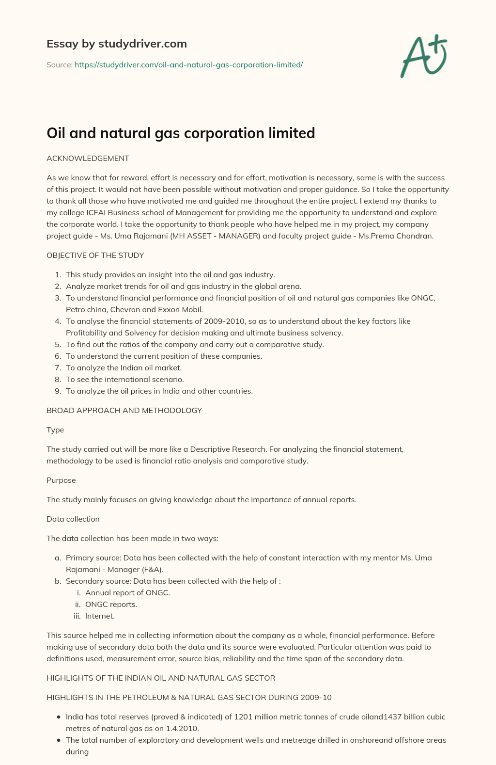 Oil and Natural Gas Corporation Limited essay