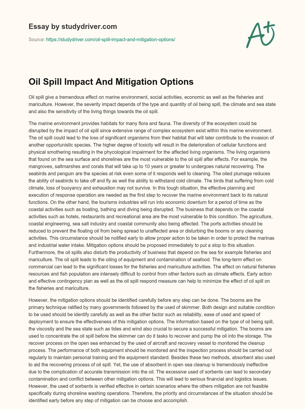 Oil Spill Impact and Mitigation Options essay