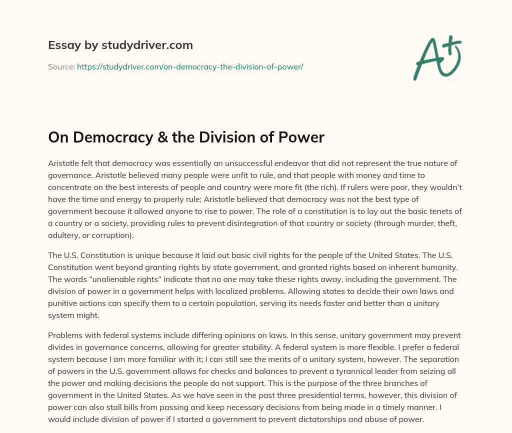 On Democracy & the Division of Power essay
