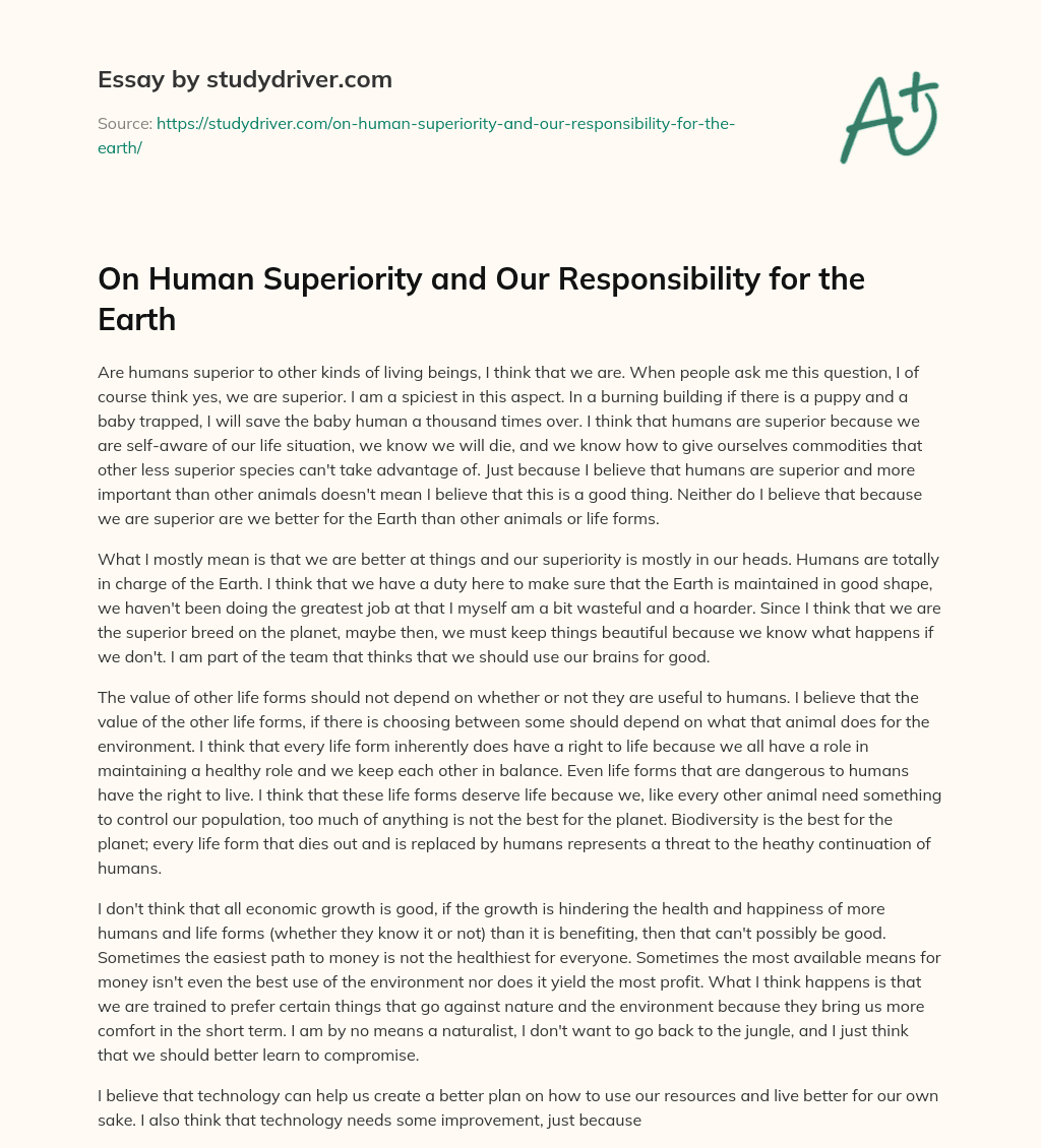 On Human Superiority and our Responsibility for the Earth essay