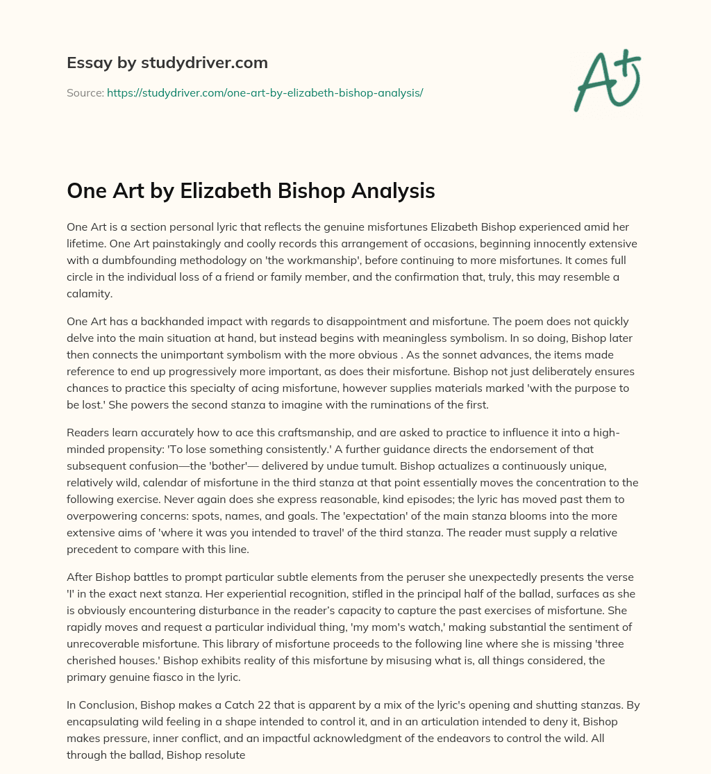 One Art by Elizabeth Bishop Analysis essay
