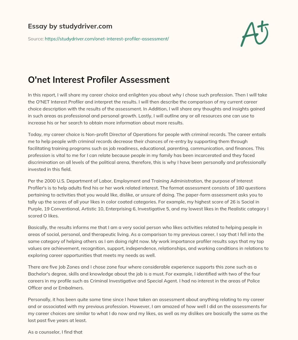 O’net Interest Profiler Assessment essay