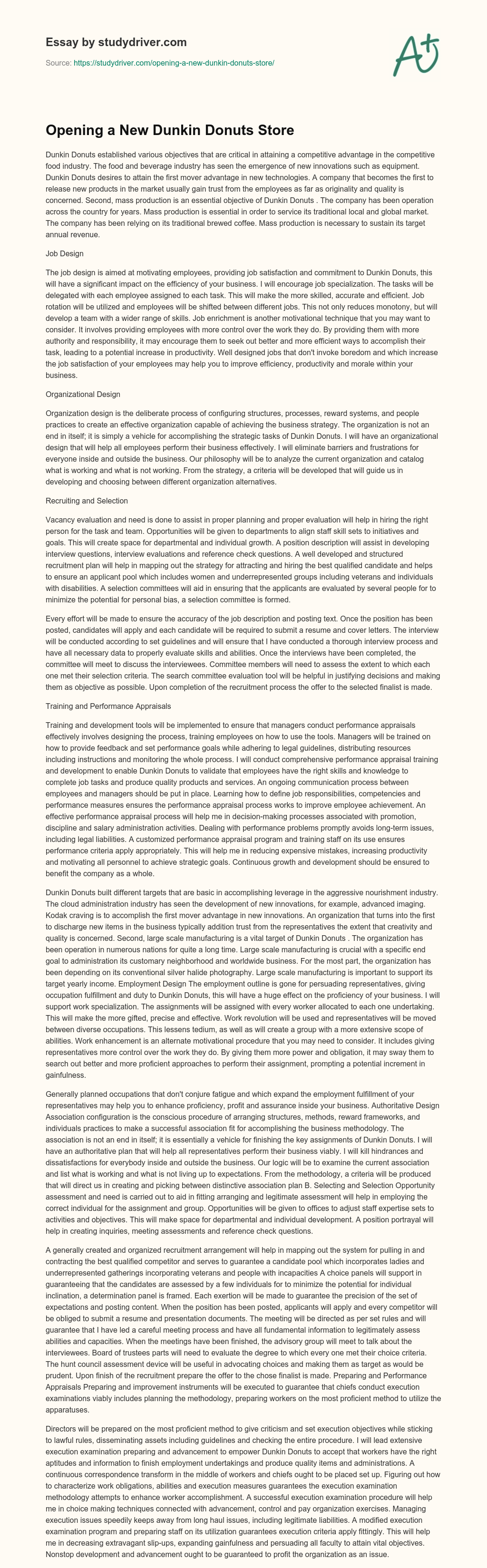 Opening a New Dunkin Donuts Store essay