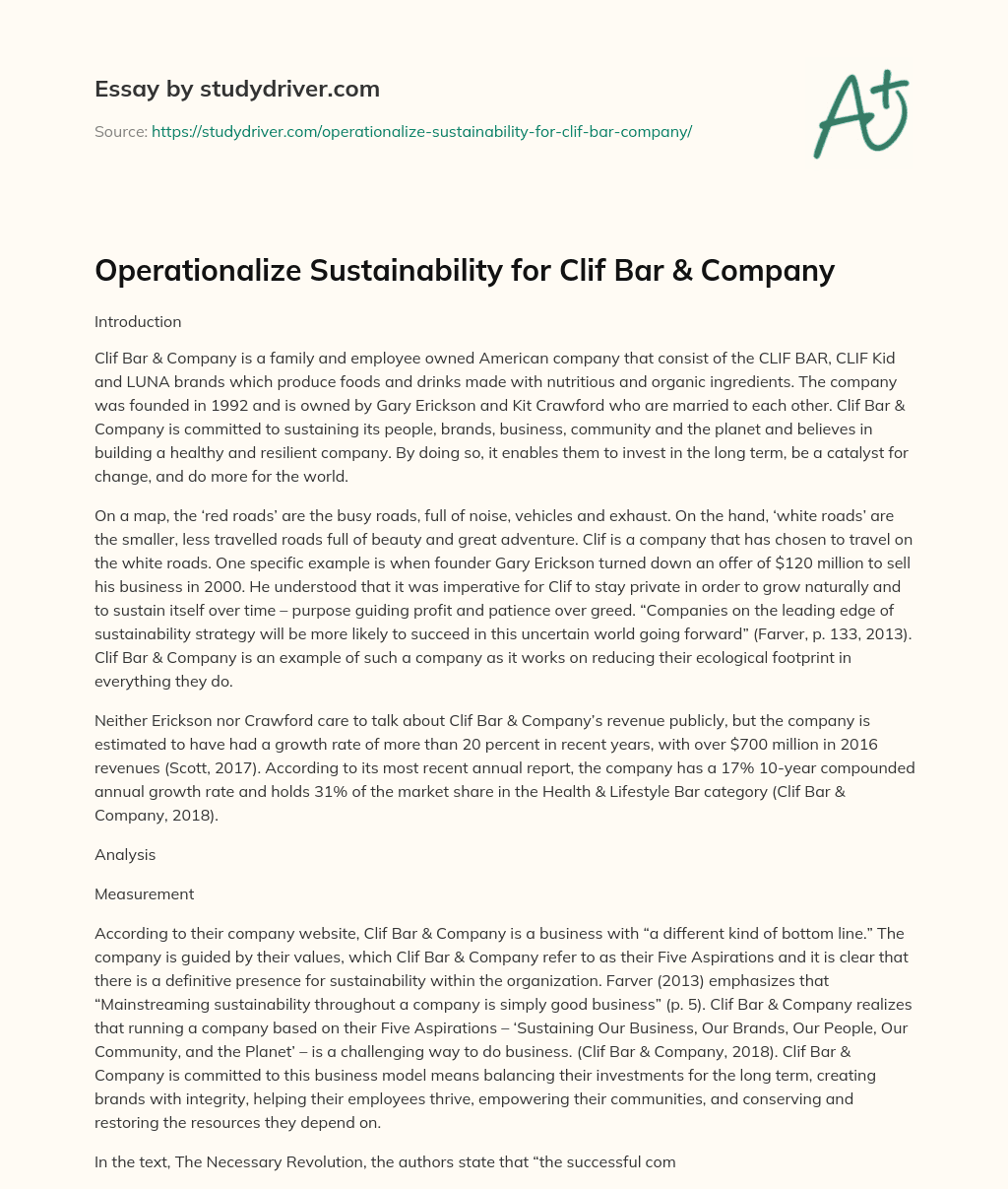 Operationalize Sustainability for Clif Bar & Company essay