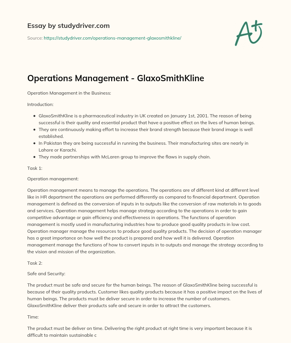Operations Management – GlaxoSmithKline essay