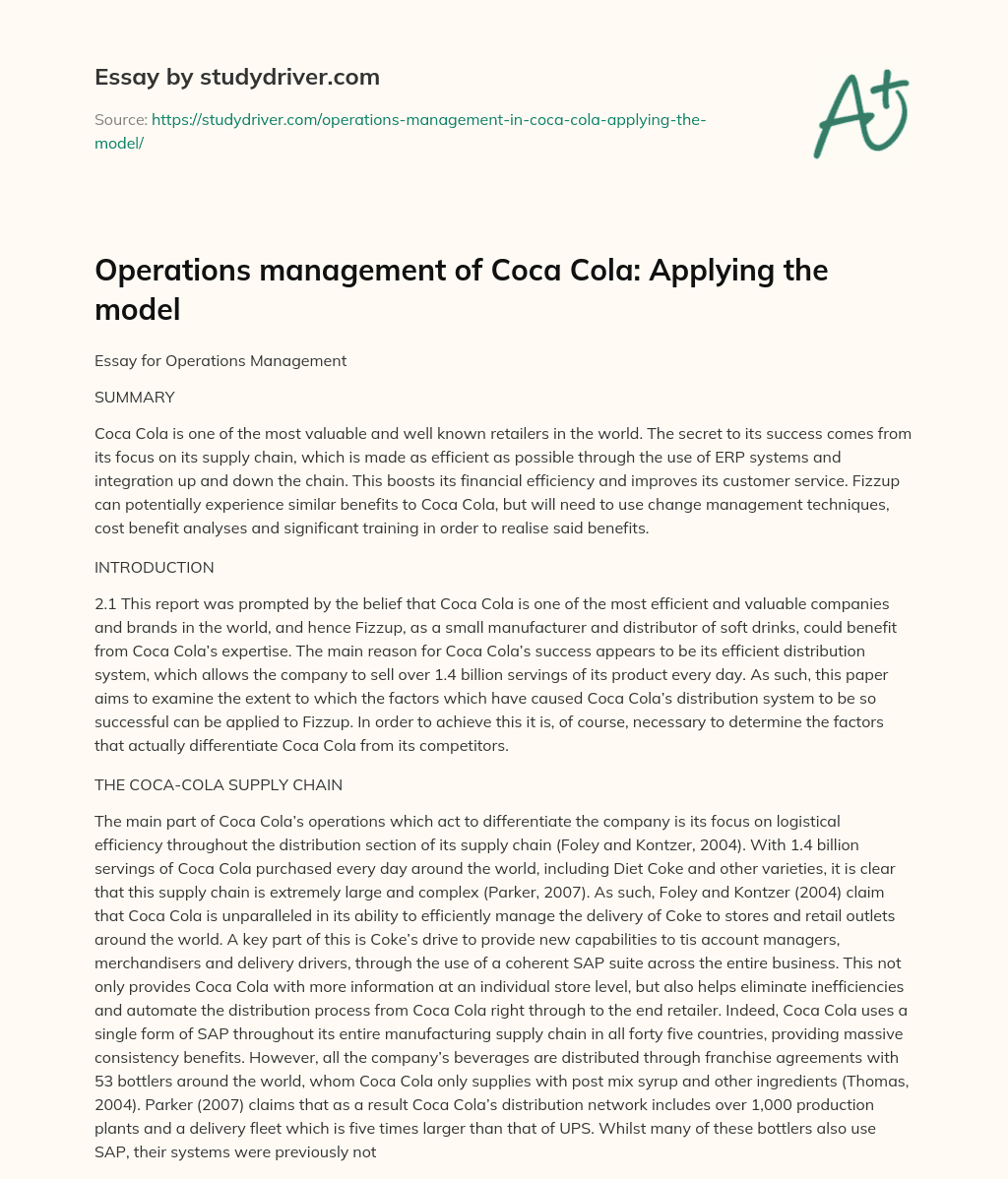 Operations Management of Coca Cola: Applying the Model essay