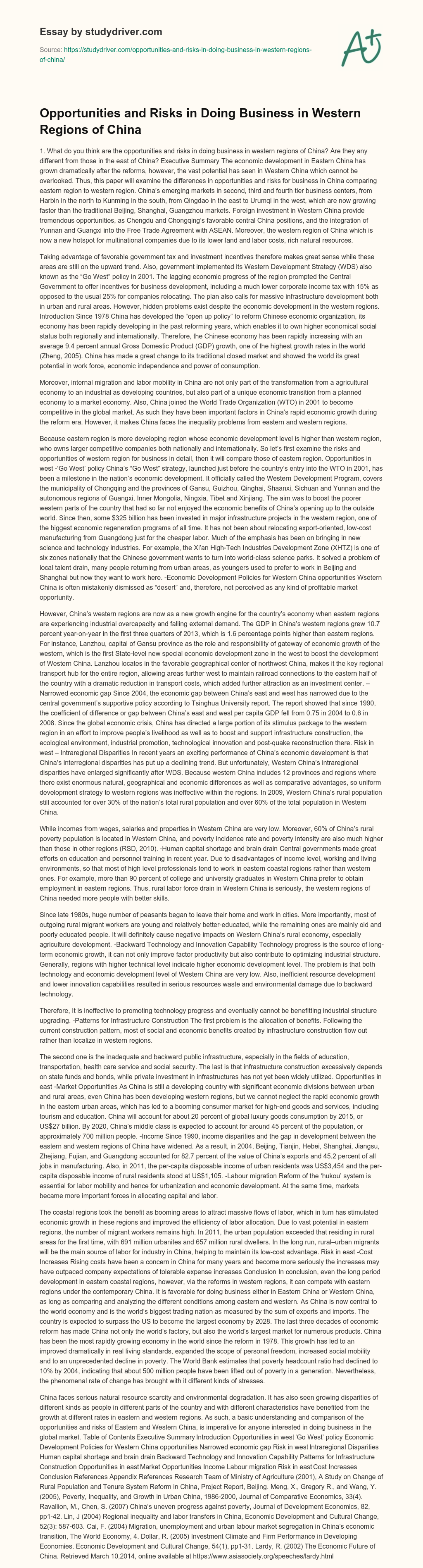 Opportunities and Risks in doing Business in Western Regions of China essay