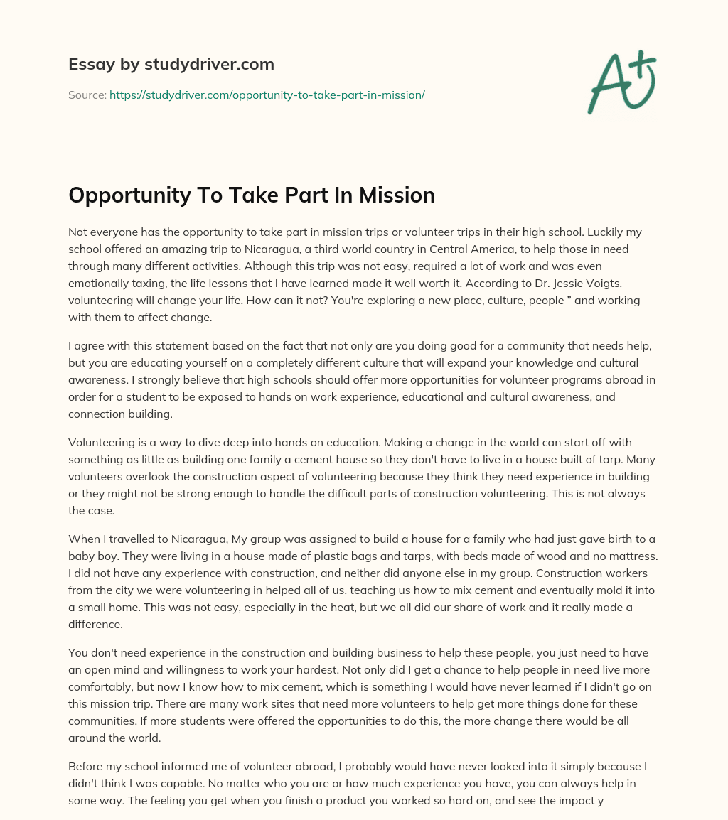 Opportunity to Take Part in Mission essay