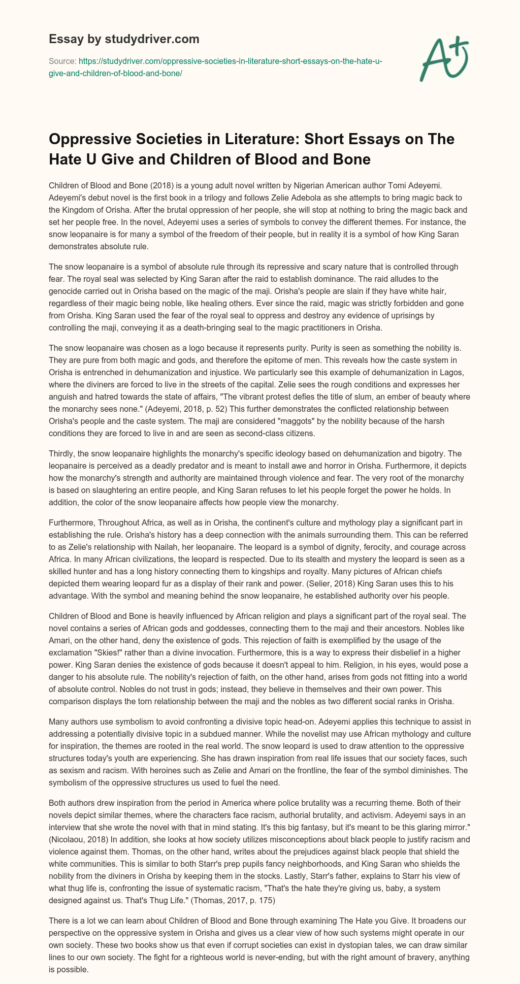 Oppressive Societies in Literature: Short Essays on the Hate U Give and Children of Blood and Bone essay