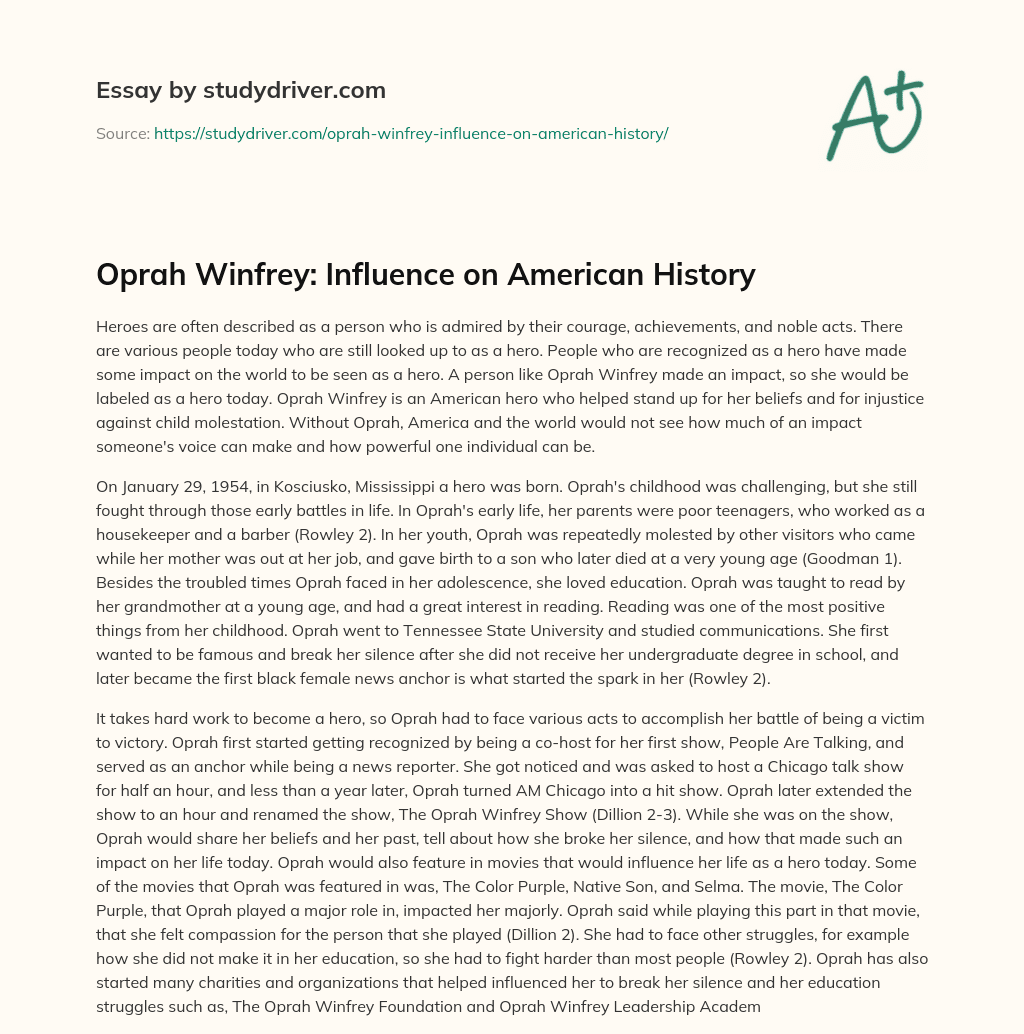 Oprah Winfrey: Influence on American History essay
