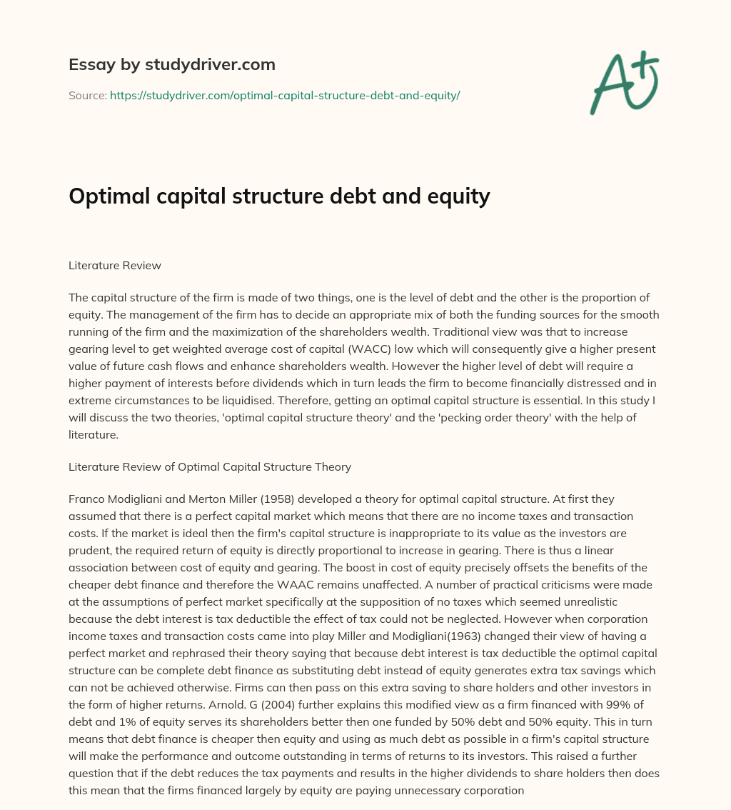 Optimal Capital Structure Debt and Equity essay