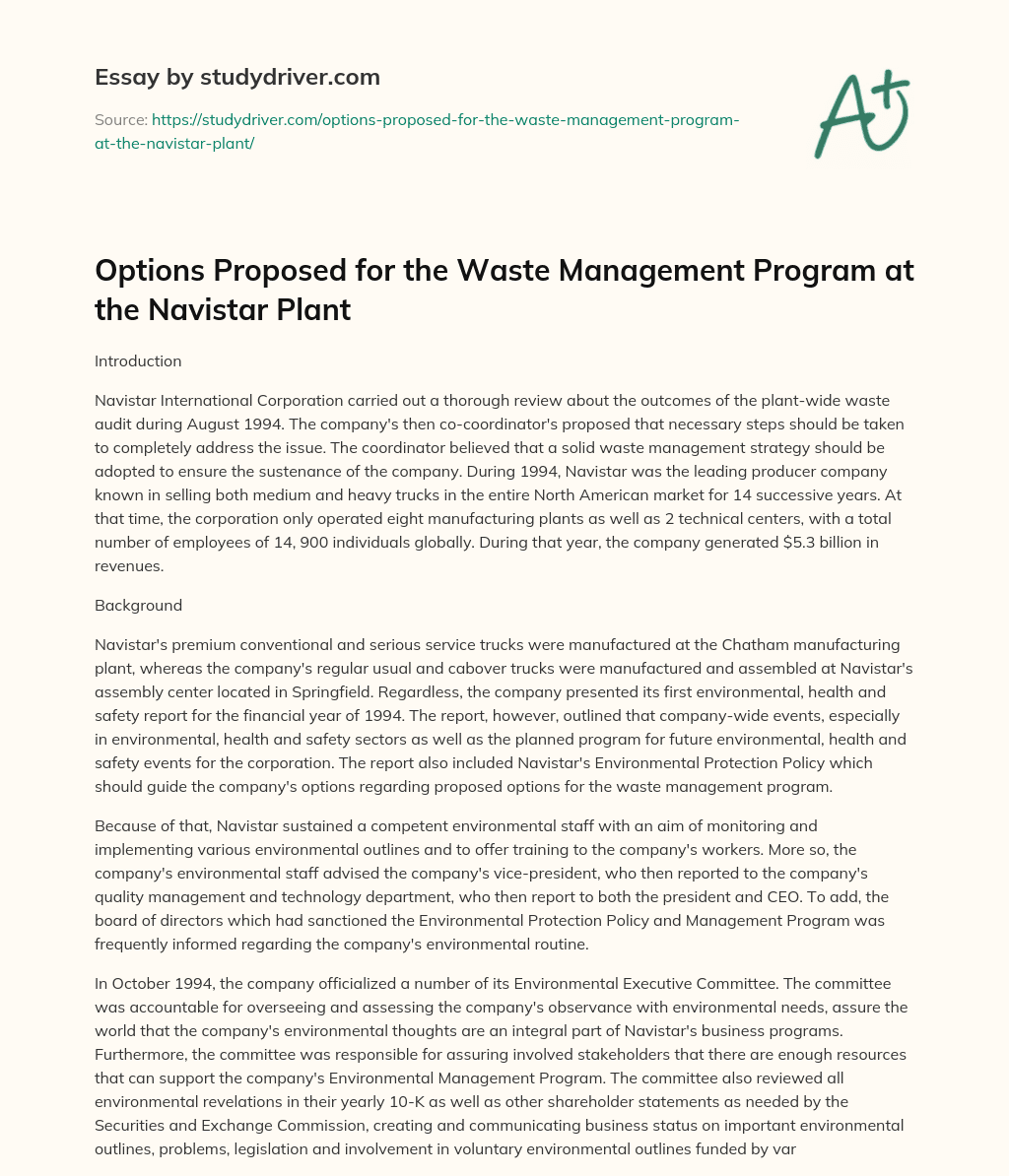 Options Proposed for the Waste Management Program at the Navistar Plant essay