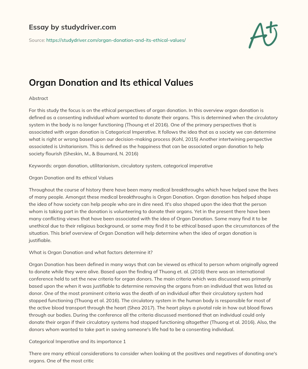 Organ Donation and its Ethical Values essay