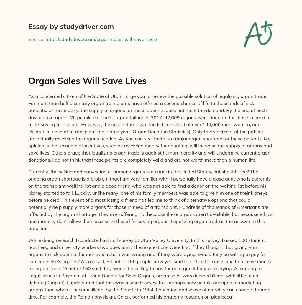 Organ Sales Will Save Lives essay