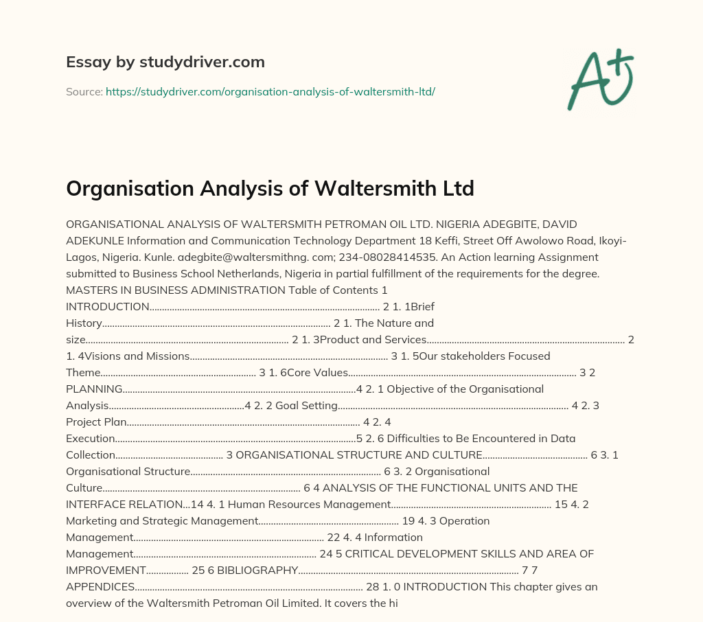 Organisation Analysis of Waltersmith Ltd essay