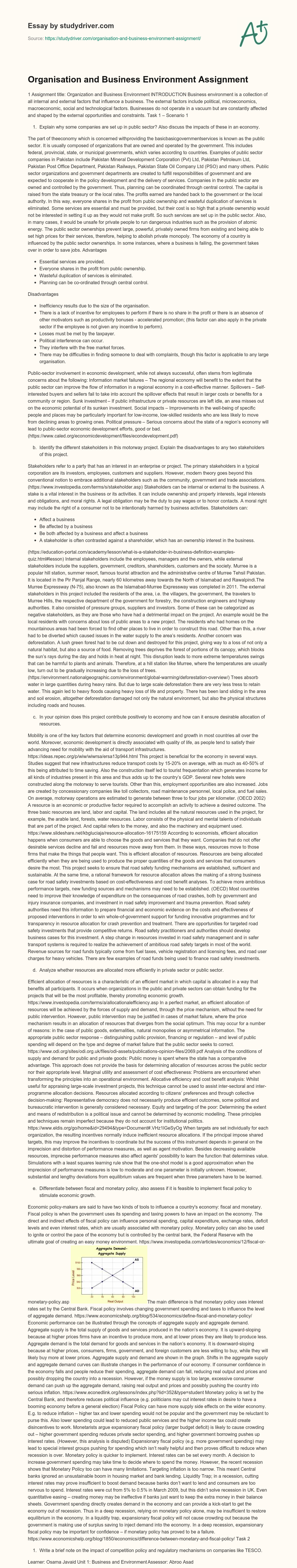 Organisation and Business Environment Assignment essay