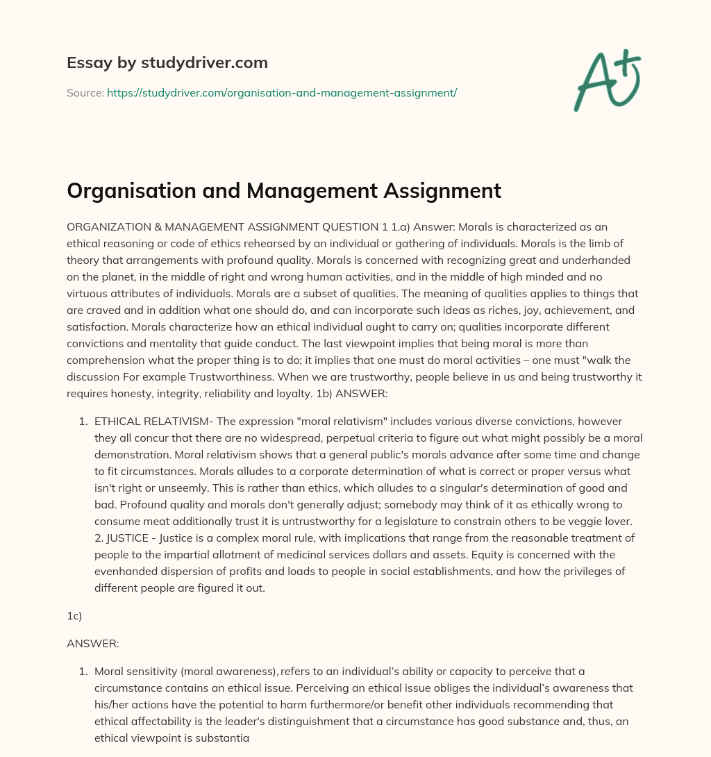 Organisation and Management Assignment essay