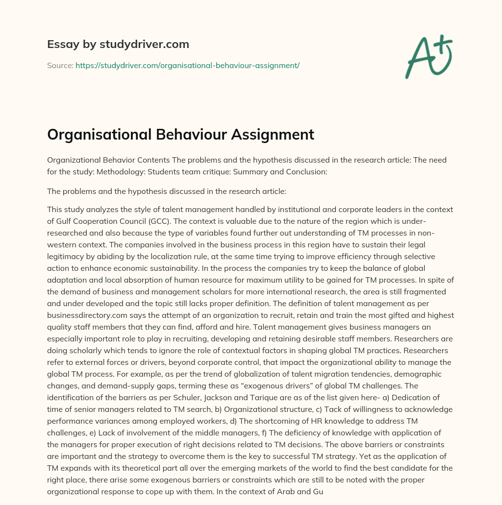 Organisational Behaviour Assignment essay