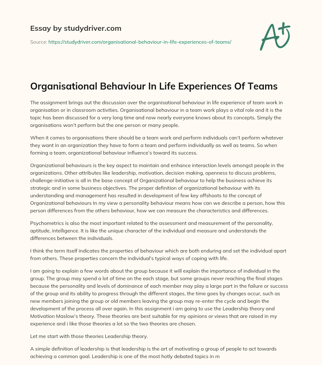 Organisational Behaviour in Life Experiences of Teams essay
