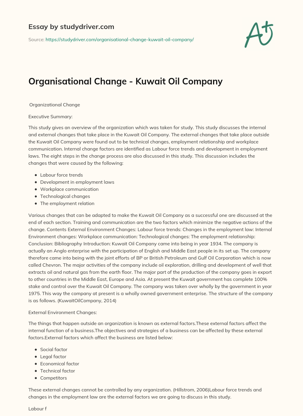 Organisational Change – Kuwait Oil Company essay