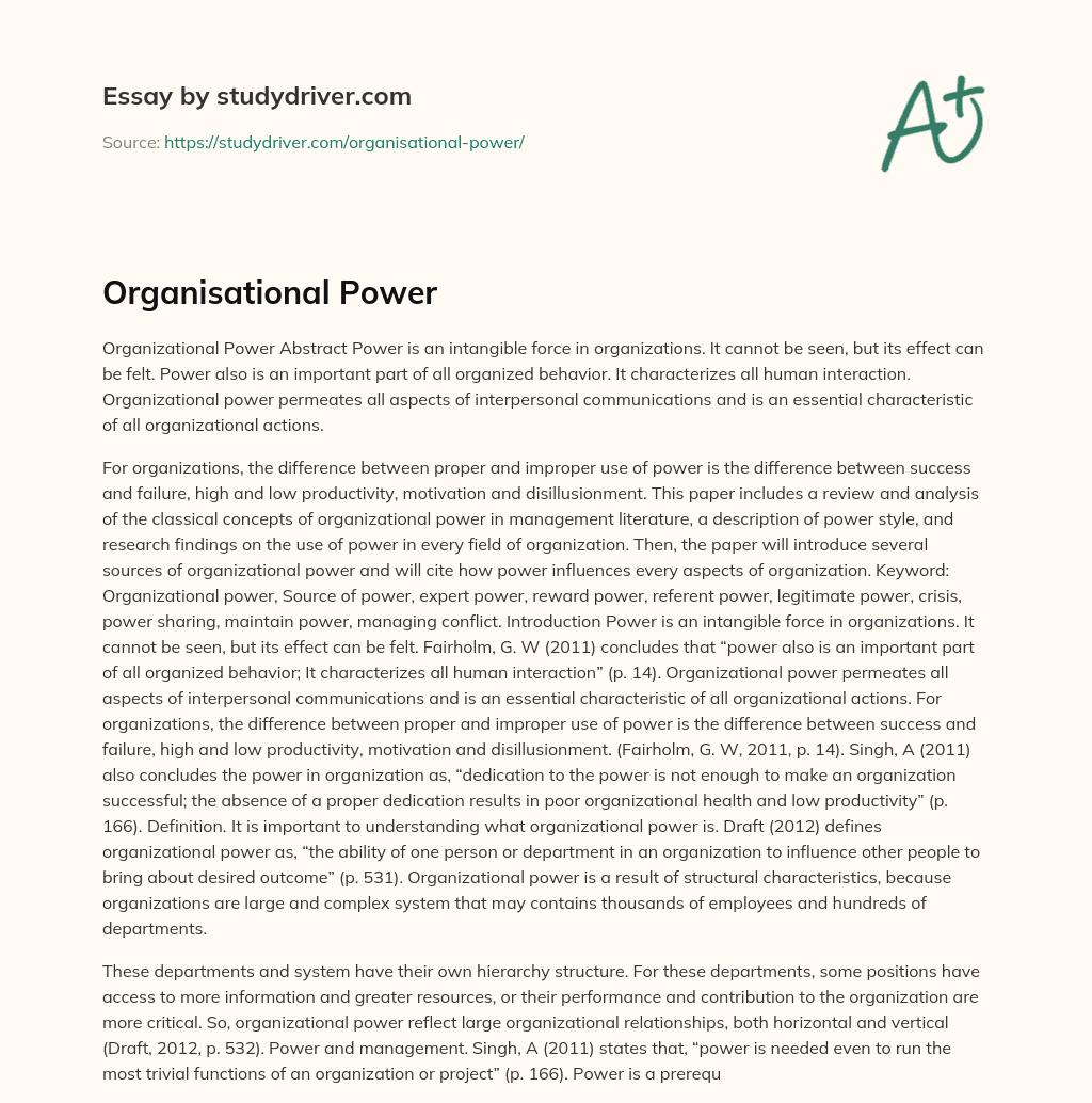 Organisational Power essay