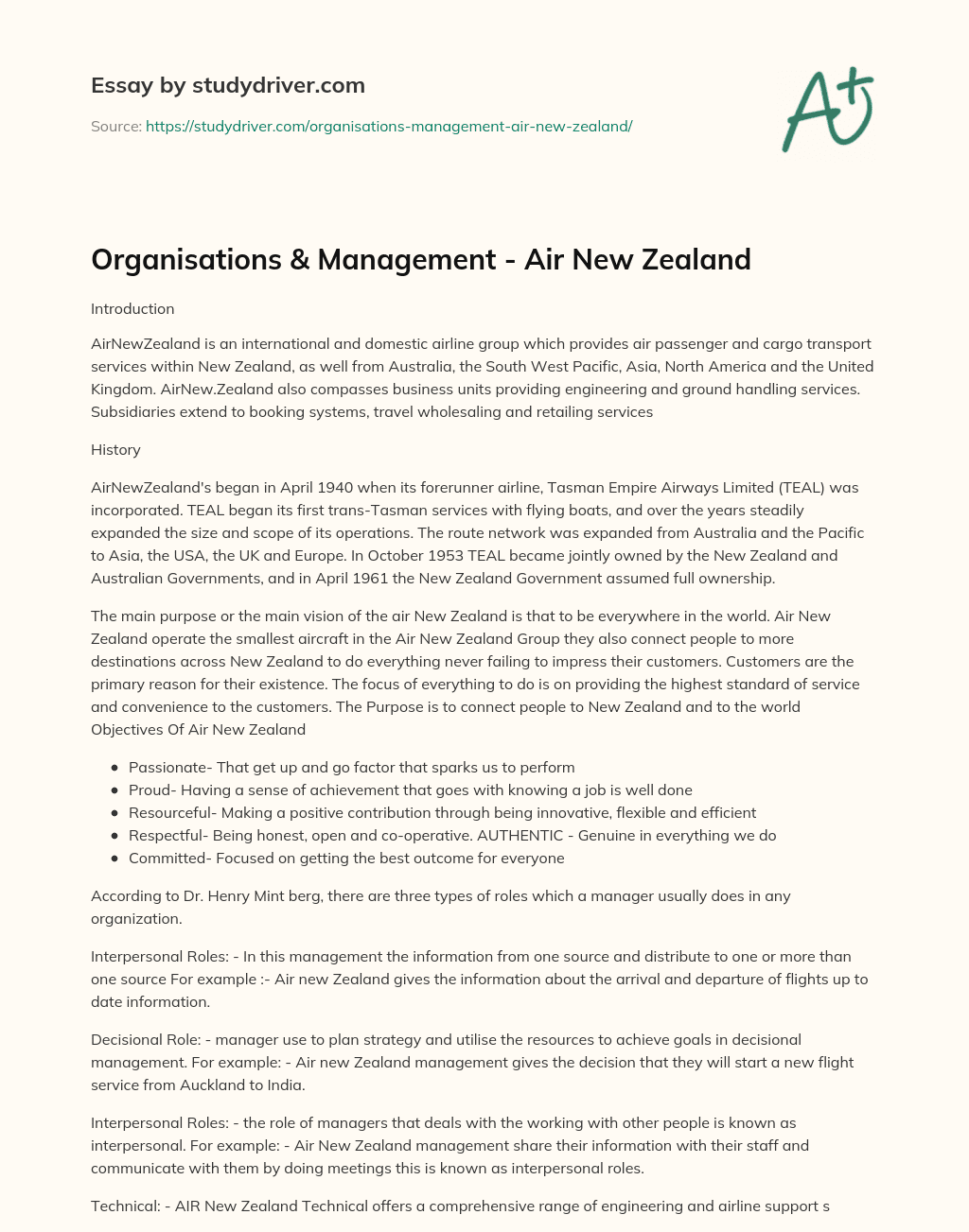 Organisations & Management – Air New Zealand essay