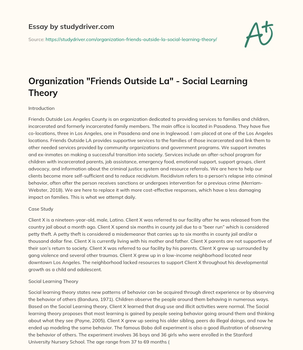 Organization “Friends Outside La” – Social Learning Theory essay