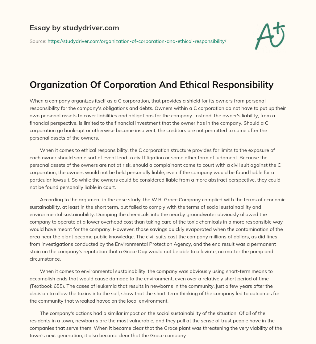 Organization of Corporation and Ethical Responsibility essay
