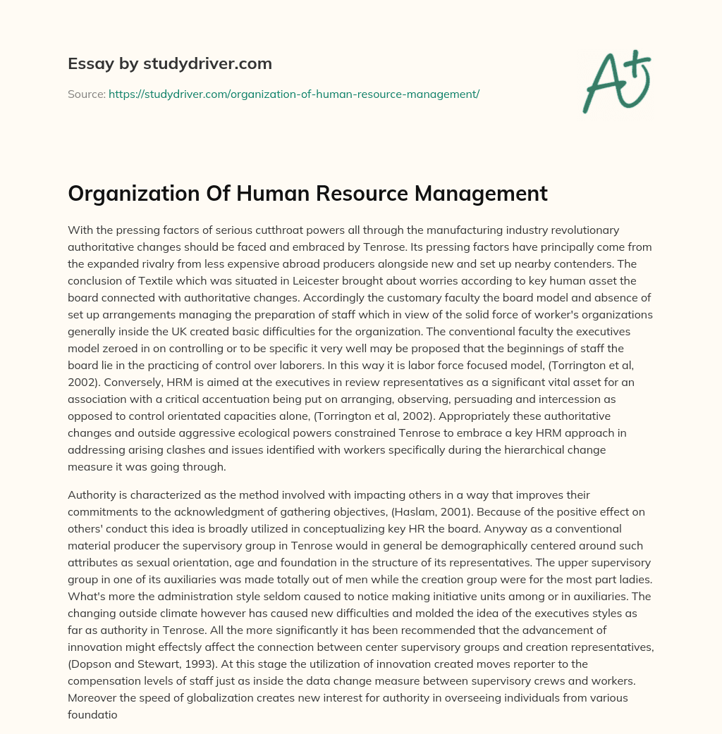 Organization of Human Resource Management essay