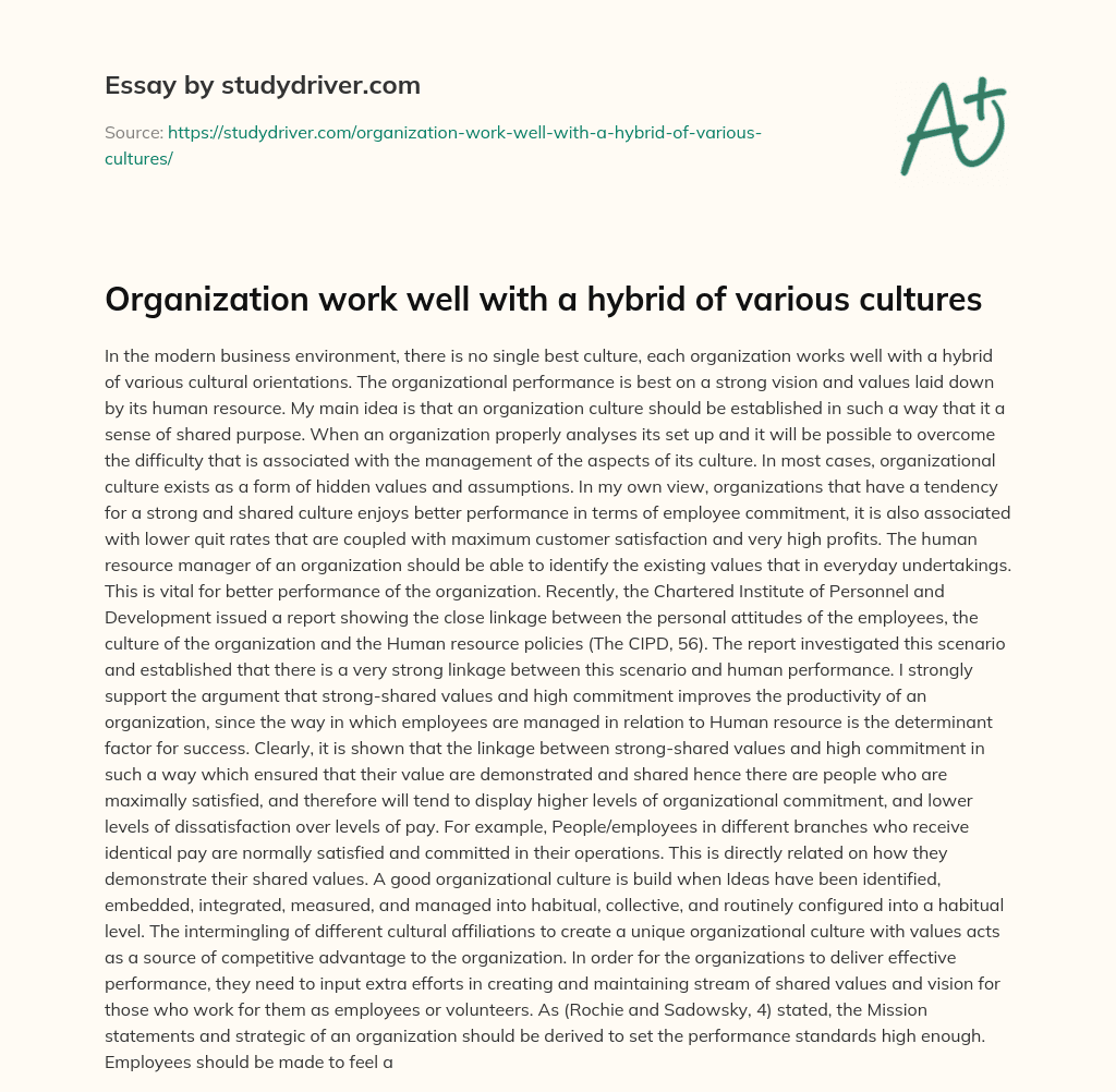 Organization Work Well with a Hybrid of Various Cultures essay
