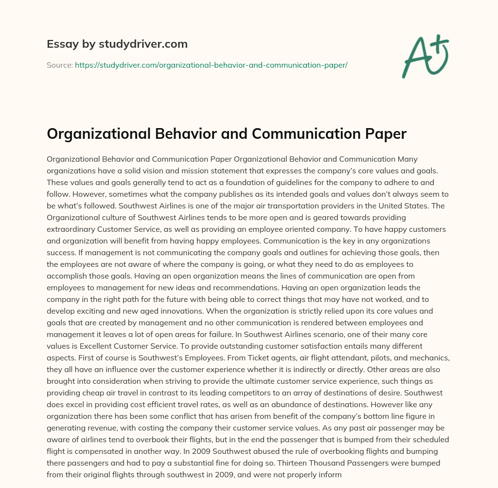 Organizational Behavior and Communication Paper essay