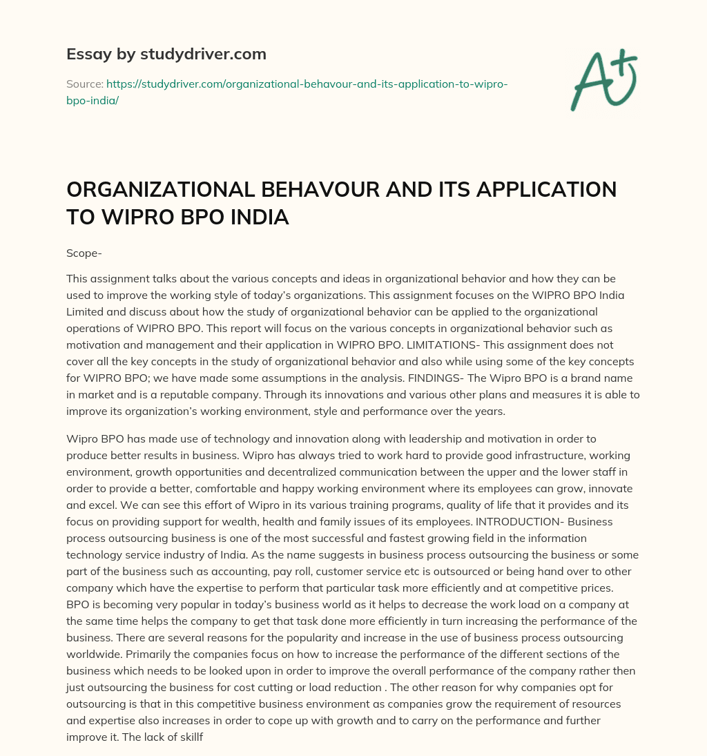 ORGANIZATIONAL BEHAVOUR and its APPLICATION to WIPRO BPO INDIA essay