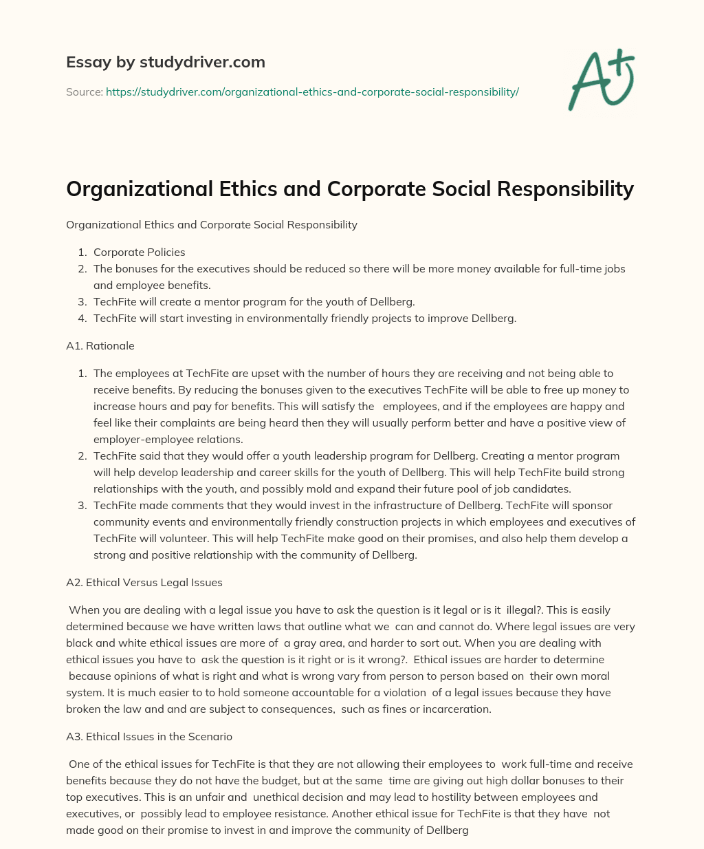 Organizational Ethics and Corporate Social Responsibility essay