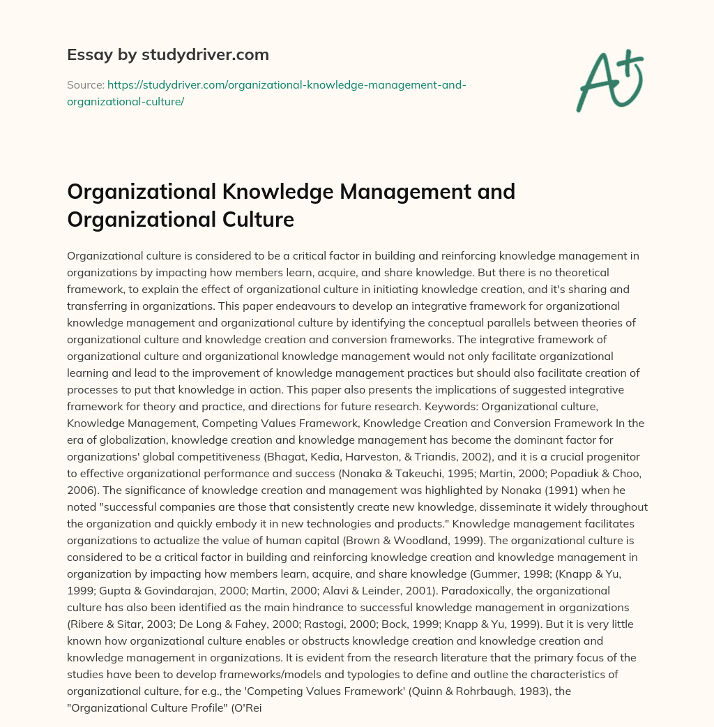 Organizational Knowledge Management and Organizational Culture essay