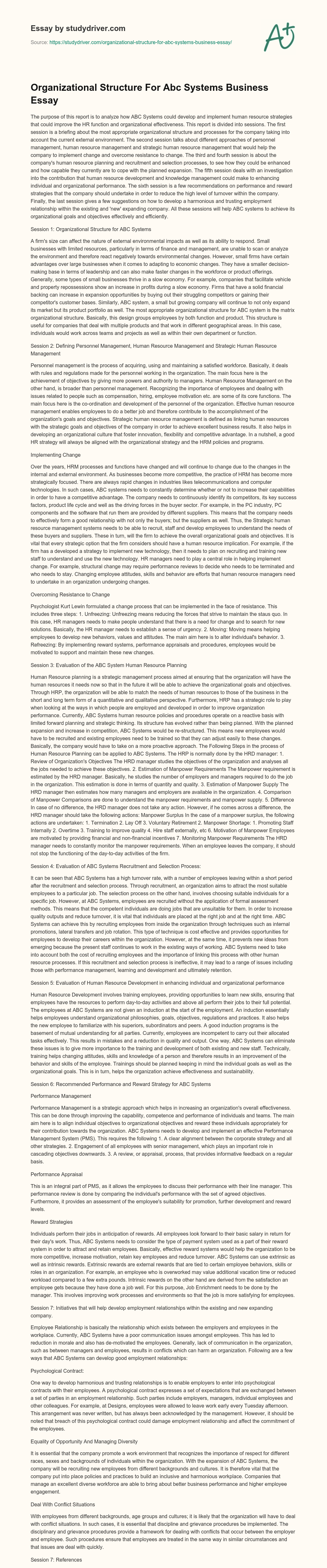 Organizational Structure for Abc Systems Business Essay essay