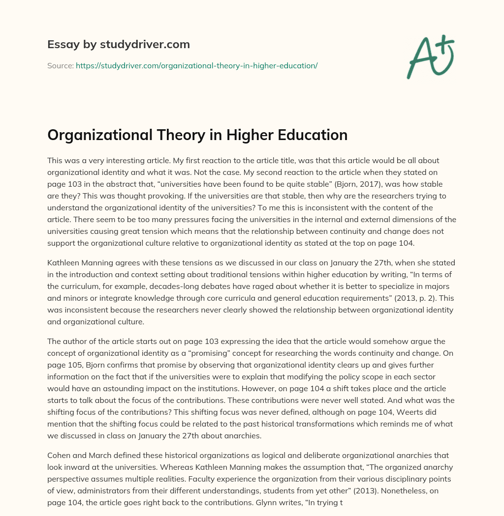 Organizational Theory in Higher Education essay