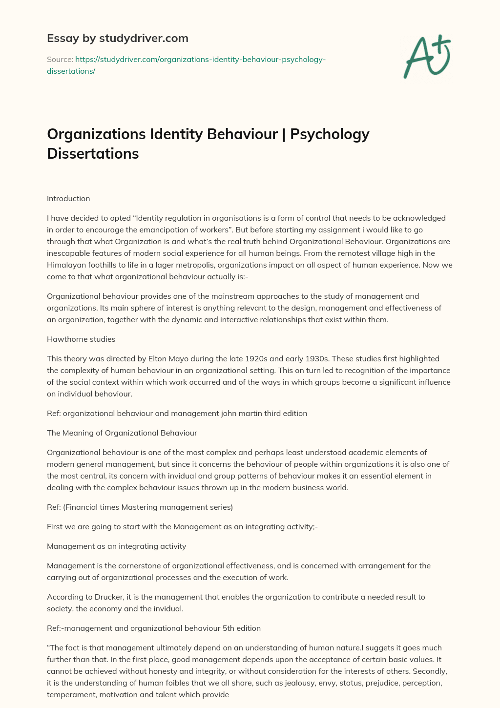Organizations Identity Behaviour | Psychology Dissertations essay