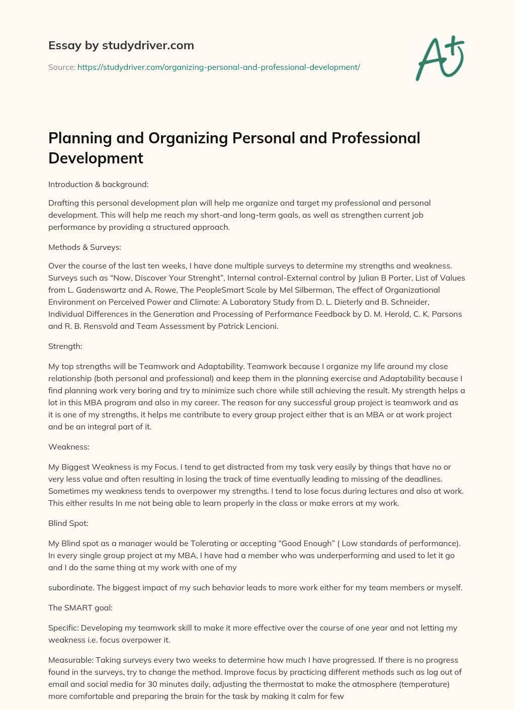 Planning and Organizing Personal and Professional Development essay