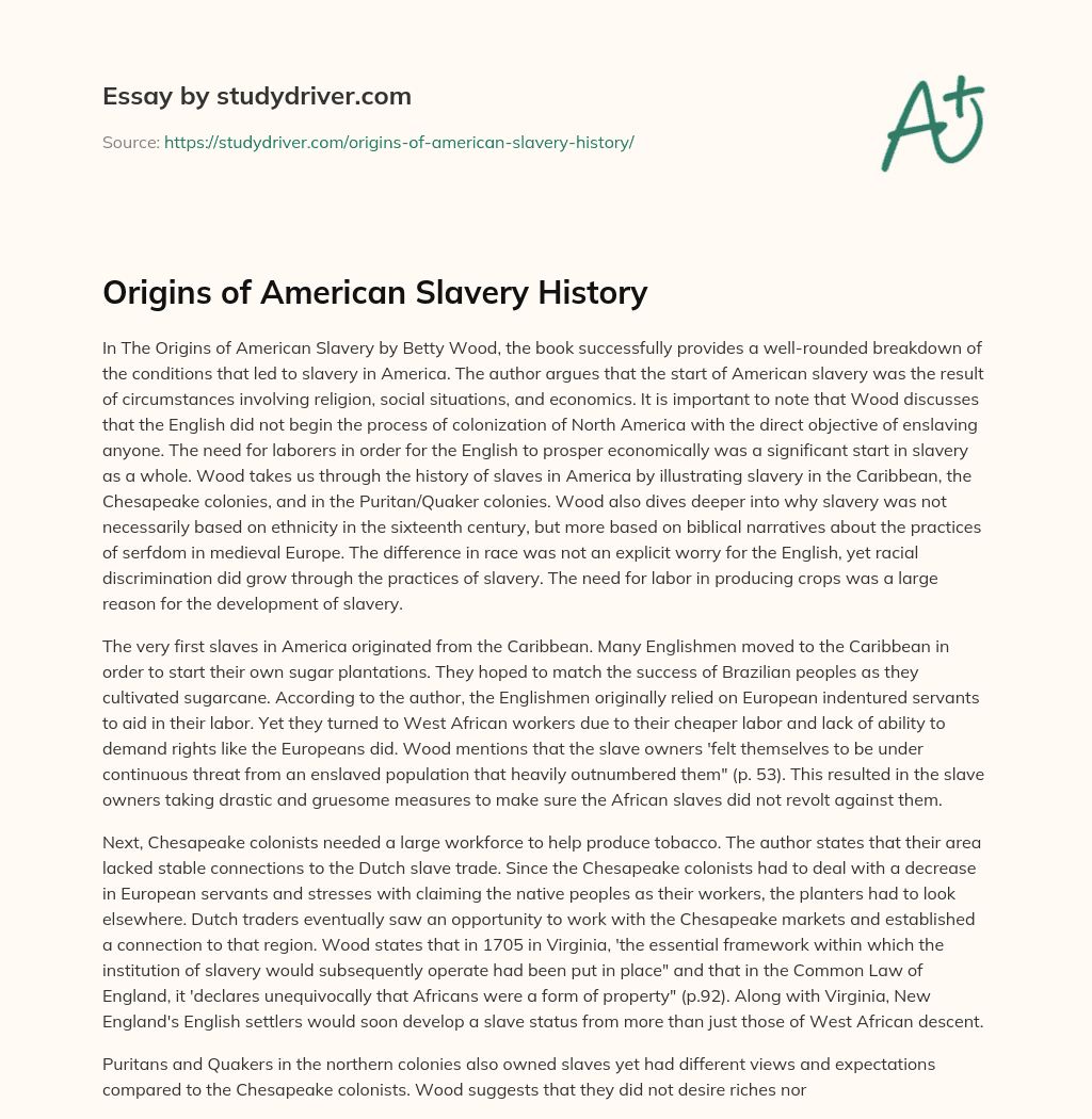 Origins of American Slavery History essay
