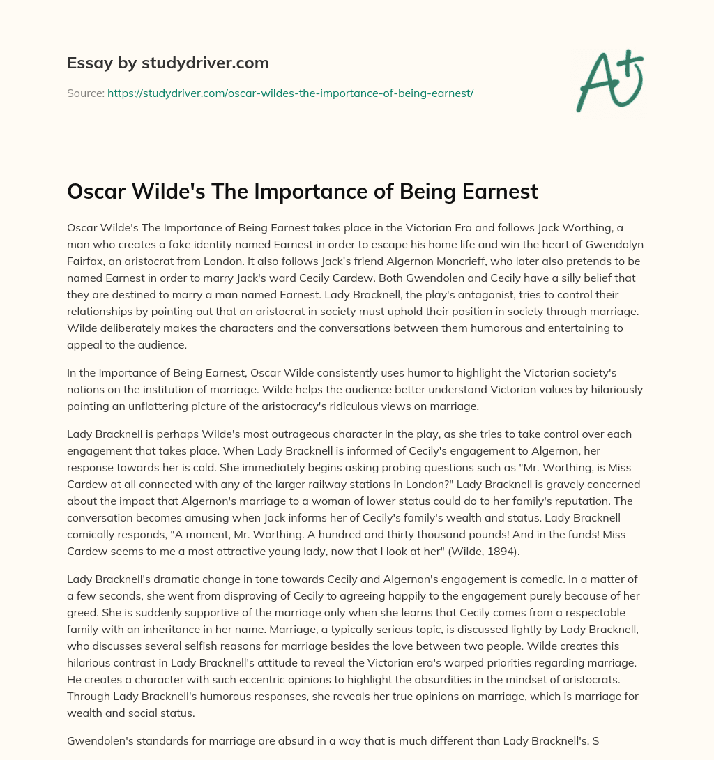 Oscar Wilde’s the Importance of being Earnest essay