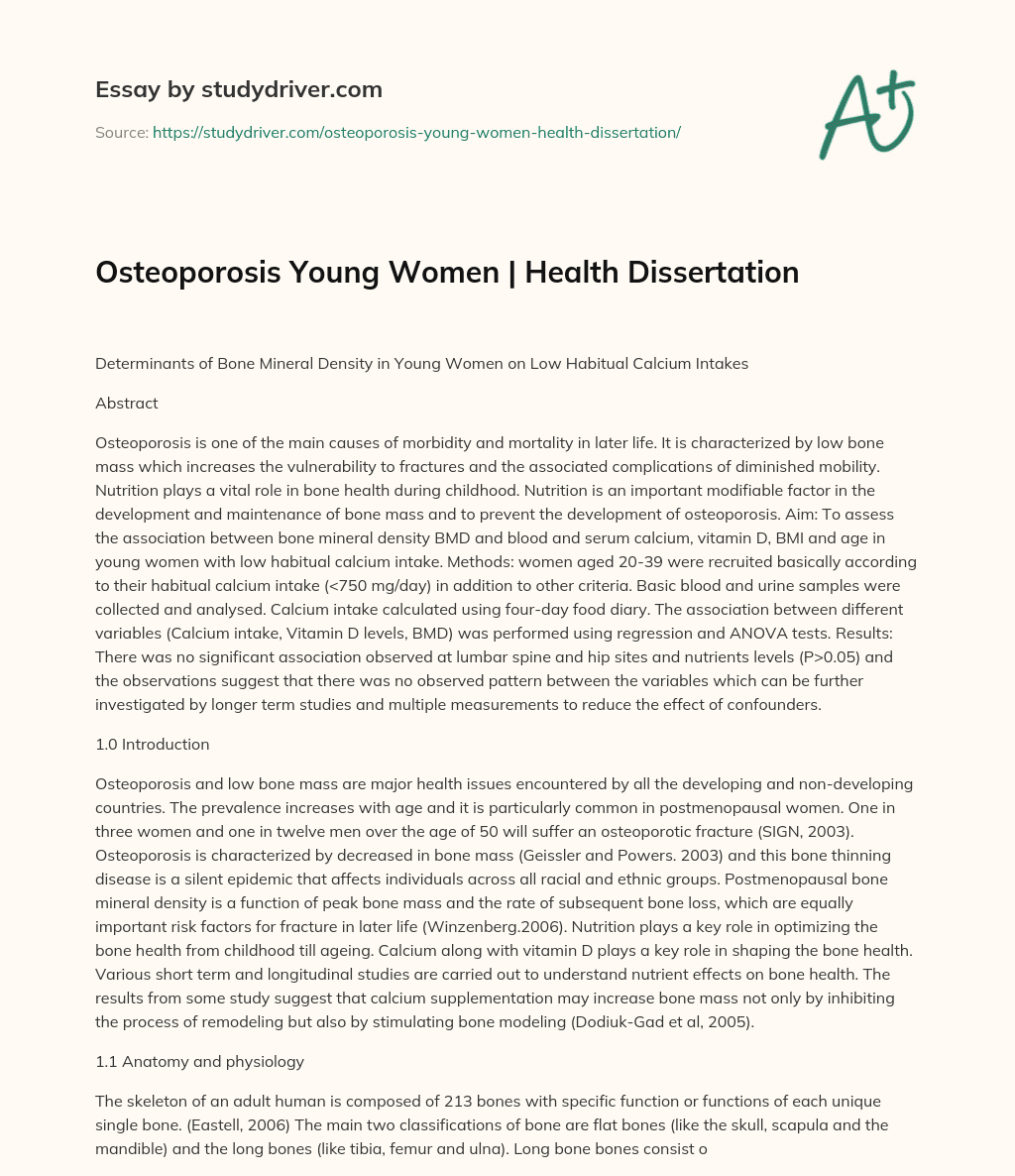 Osteoporosis Young Women | Health Dissertation essay