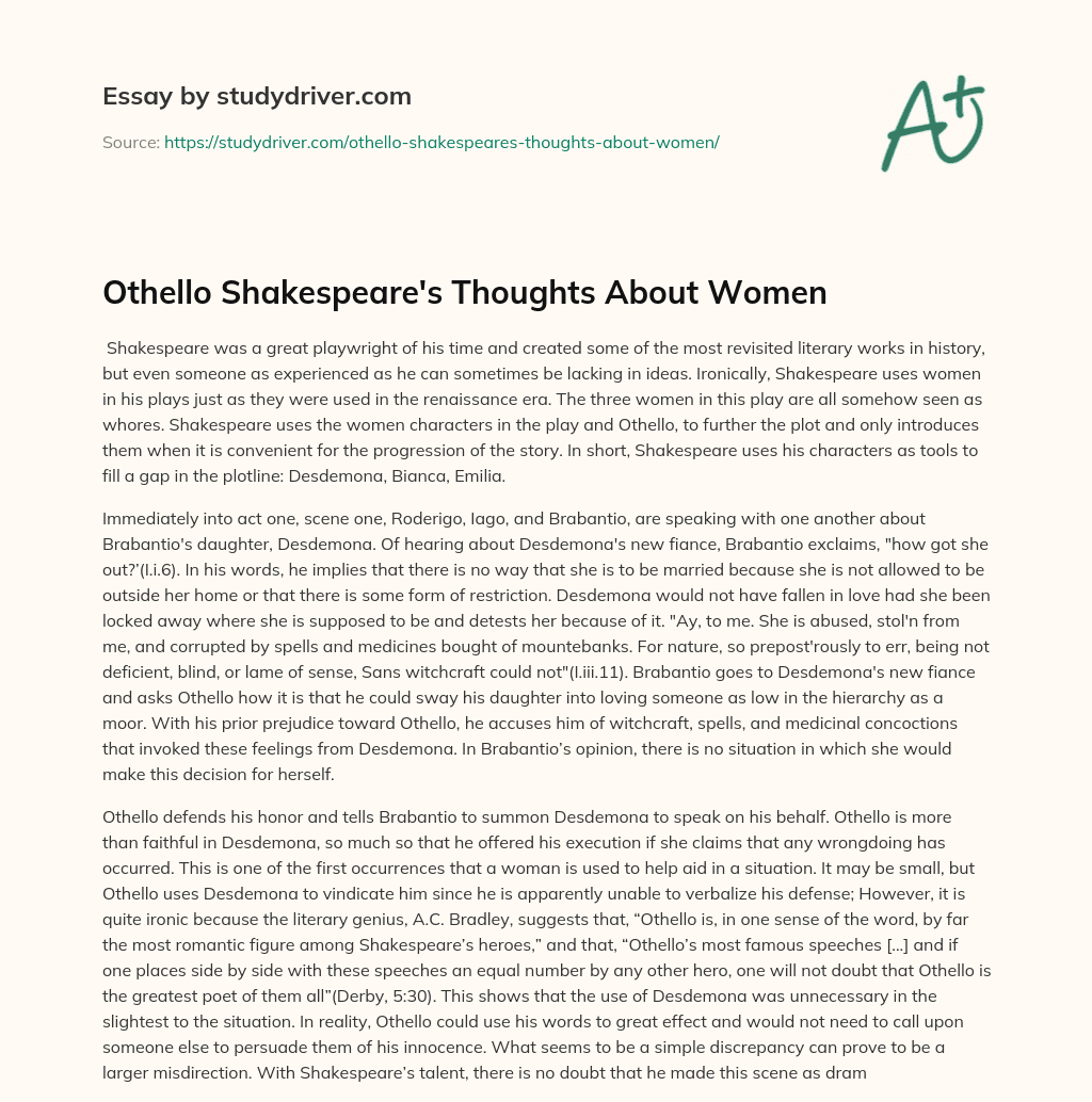 Othello Shakespeare’s Thoughts about Women essay