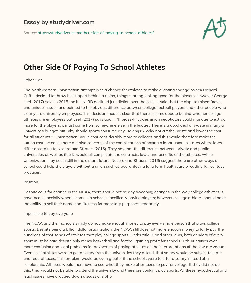 Other Side of Paying to School Athletes essay